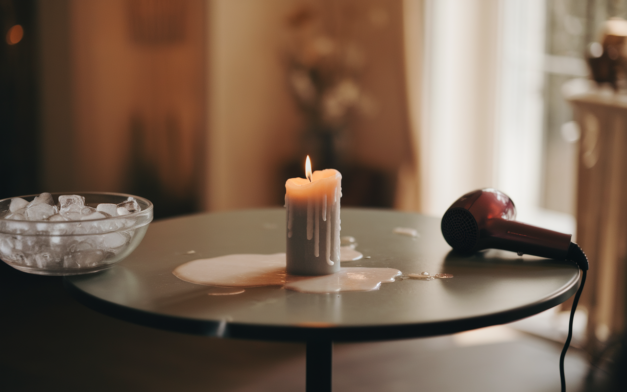 Bougie allumée sur une table, avec de la cire fondue, un bol de glace à côté et un sèche-cheveux rouge.