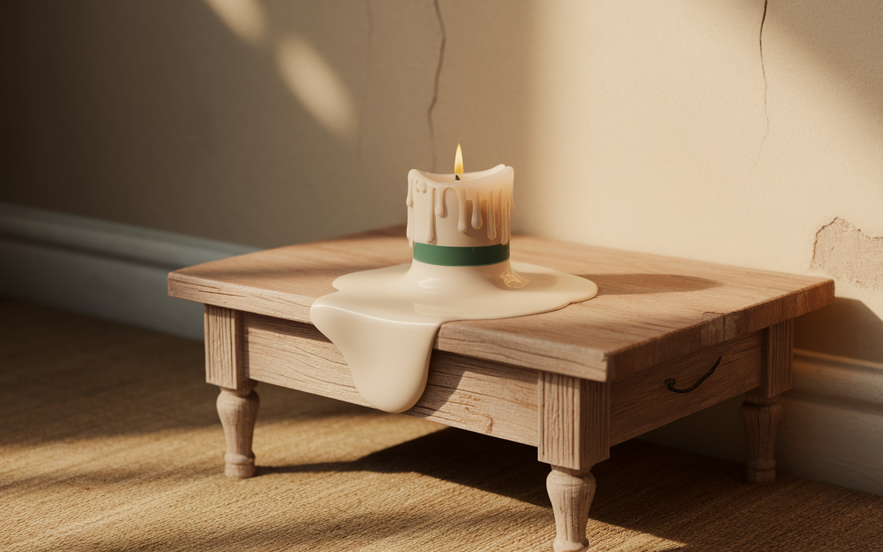 Bougie fondue sur une table en bois, avec une flamme allumée et de la cire qui goutte sur la surface. Mur craqué en arrière-plan.