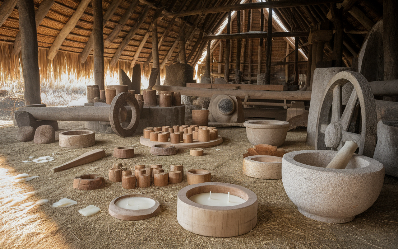 Intérieur d'une grange, avec des outils artisanaux en bois et en pierre, des mortiers et des bougies, sur un sol en paille.