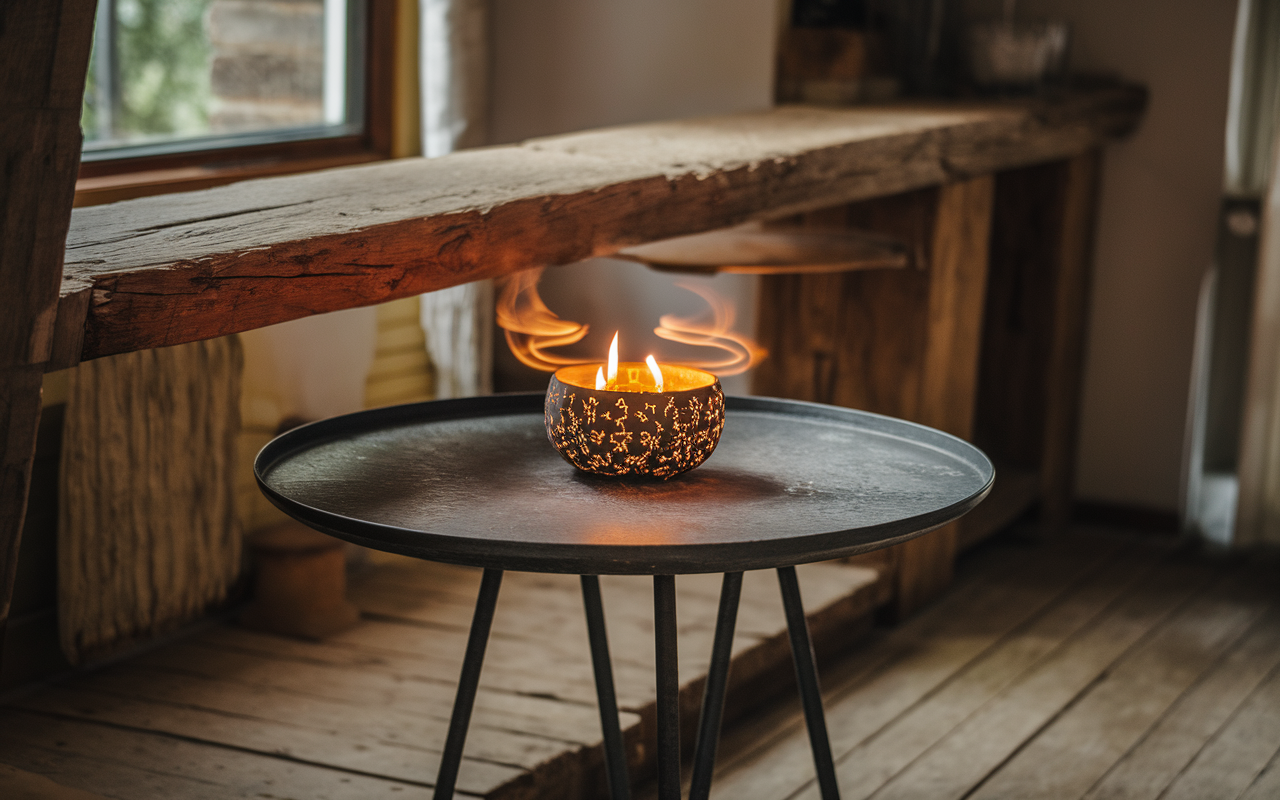 Bougie allumée sur une table noire, émettant de la fumée, avec un fond en bois naturel et lumière douce.