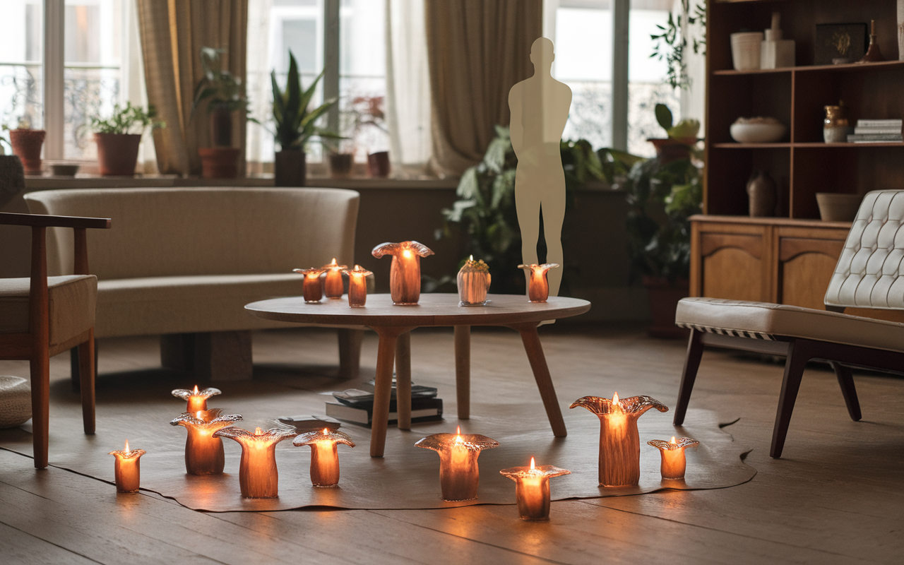 Intérieur chaleureux avec un salon, des bougies lumineuses sur une table basse et des plantes en pot. Ambiance accueillante.