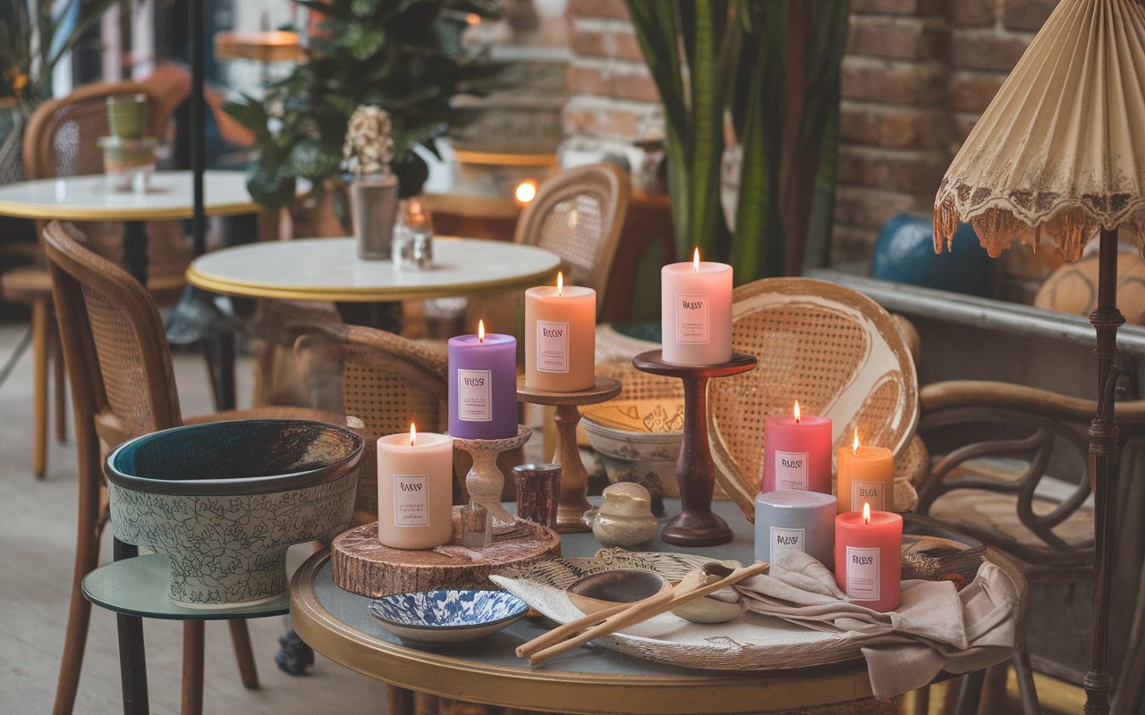 Un aménagement élégant avec des bougies colorées sur une table, entouré de vaisselle et d'éléments décoratifs dans un intérieur chaleureux.