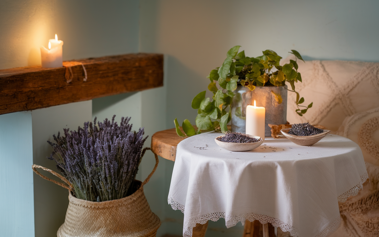 Table en bois avec une nappe blanche, des bougies, des plantes, et des bols de lavande. Ambiance chaleureuse et apaisante.