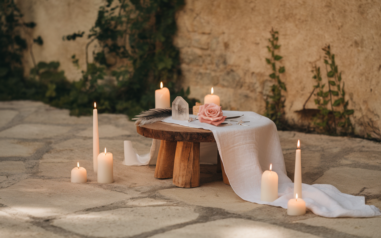 Table en bois avec drap blanc, bougies allumées, cristal et rose, décorée dans un espace extérieur paisible.