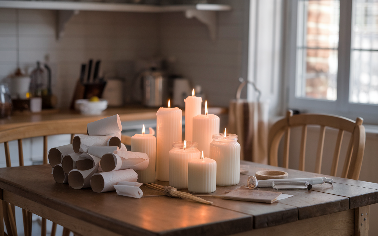 Table en bois avec des bougies blanches allumées, rouleaux de papier, et divers objets décoratifs dans un intérieur chaleureux.