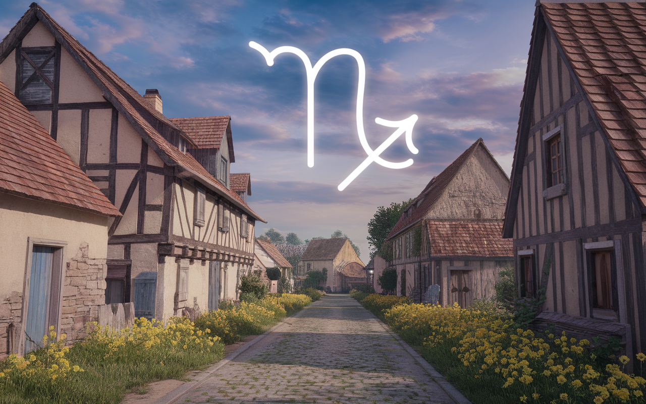 Vue d'un village médiéval avec des maisons à colombages, un chemin central fleuri et un ciel coloré. Symbole de Sagittaire en superposition.
