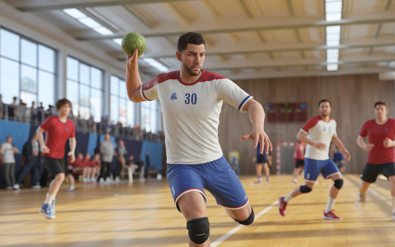 Joueur de handball en action, lançant le ballon, salle de sport remplie, spectateurs en arrière-plan. Équipe en tenue sportive.