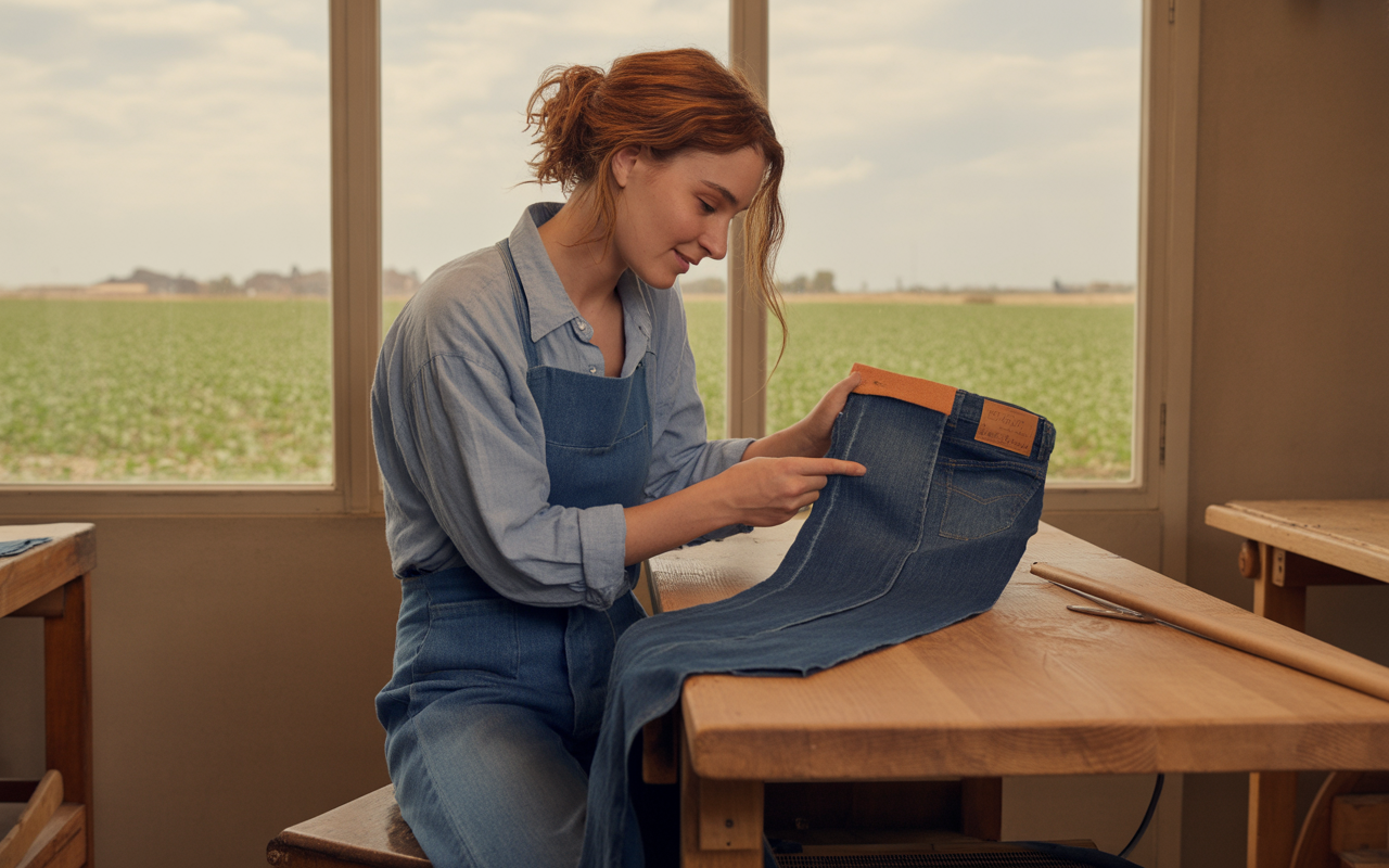 Femme souriante réalisant un jean sur une table en bois, avec un champ verdoyant en arrière-plan.