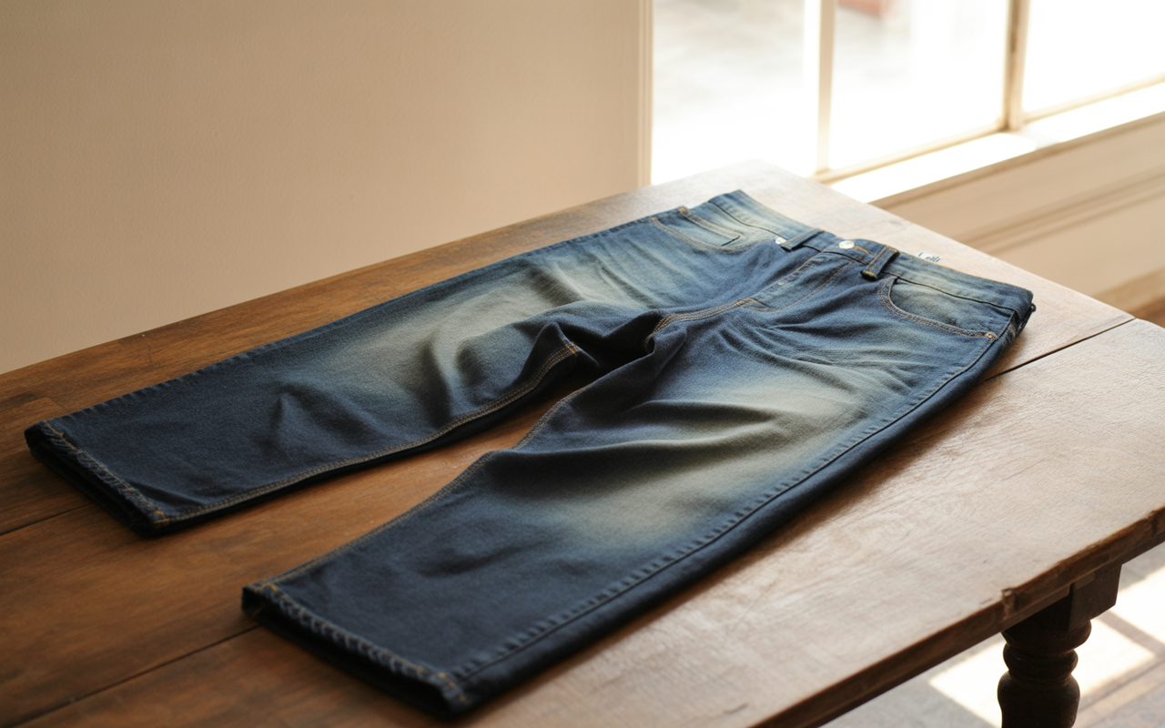 Jean bleu déposé à plat sur une table en bois, illuminé par la lumière naturelle de la fenêtre.
