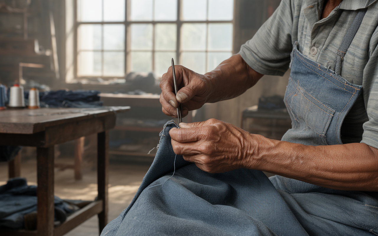 Un artisan coud un tissu en denim, mettant en avant ses mains expérimentées dans un atelier bien éclairé.