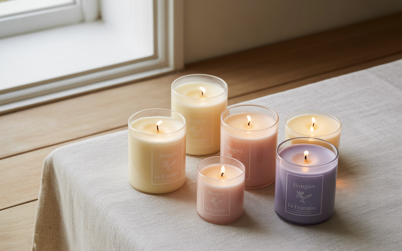 Cinq bougies parfumées de différents coloris sont disposées sur une table en bois, avec une fenêtre en arrière-plan.