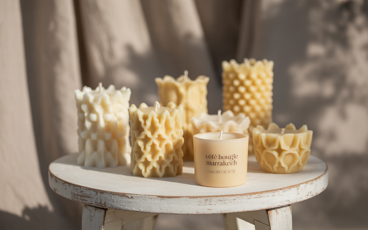 Un assortiment de bougies décoratives de différentes formes sur une table rustique, avec un fond beige apaisant.