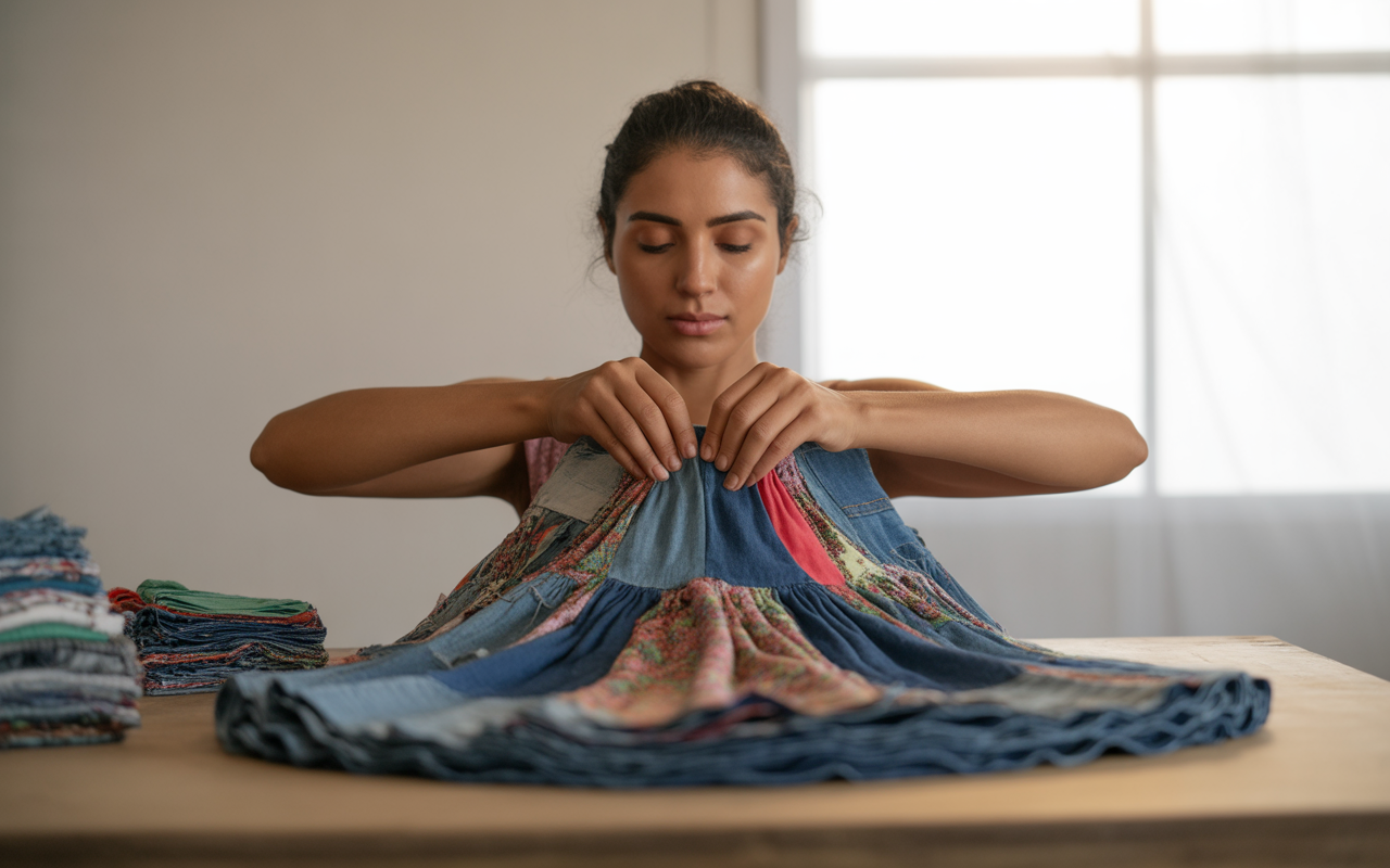 Une femme plie soigneusement des tissus en denim colorés sur une table en bois, dans une pièce lumineuse.