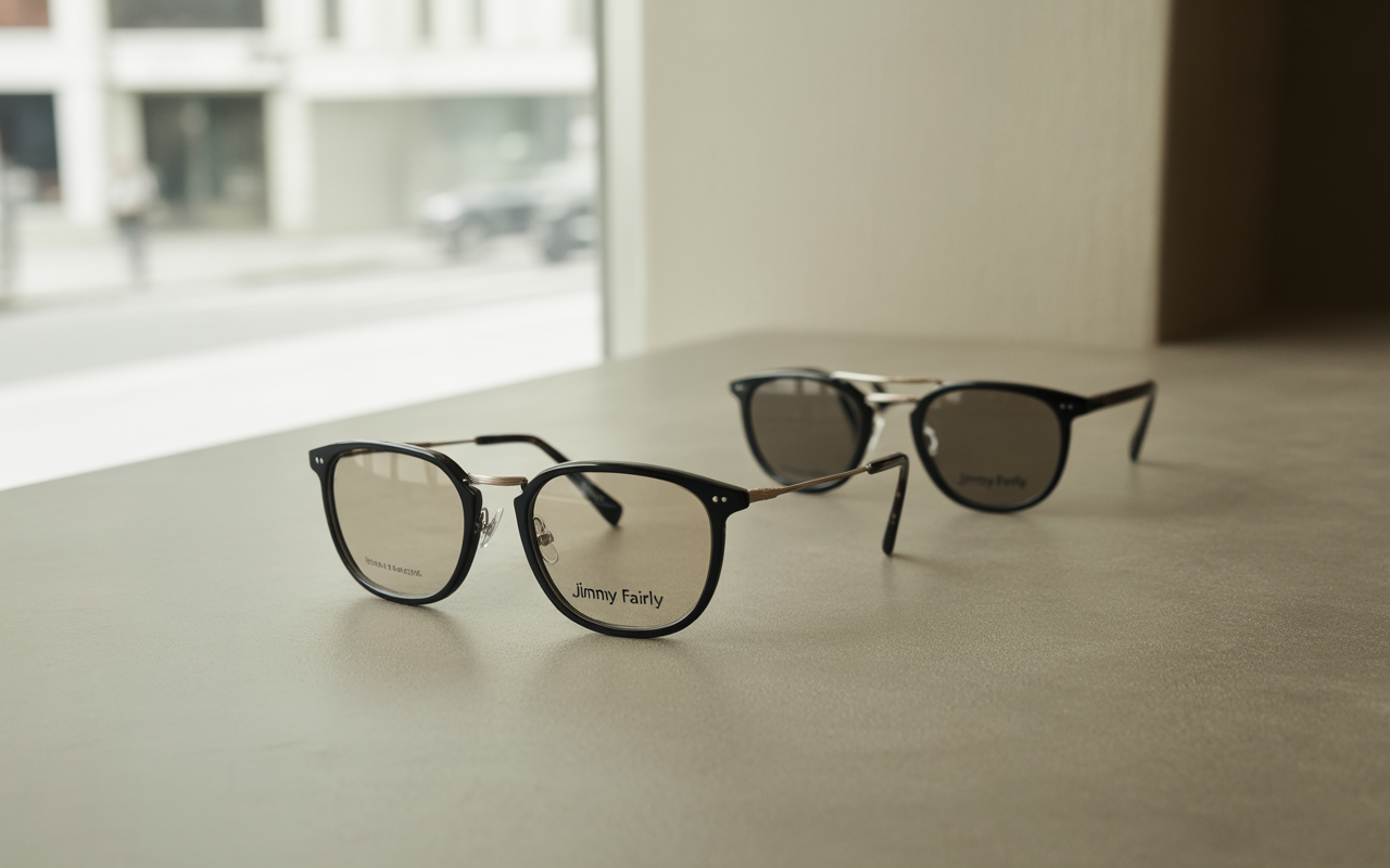 Trois paires de lunettes de soleil Jimmy Fairly posées sur une surface claire, avec un fond urbain flou en arrière-plan.