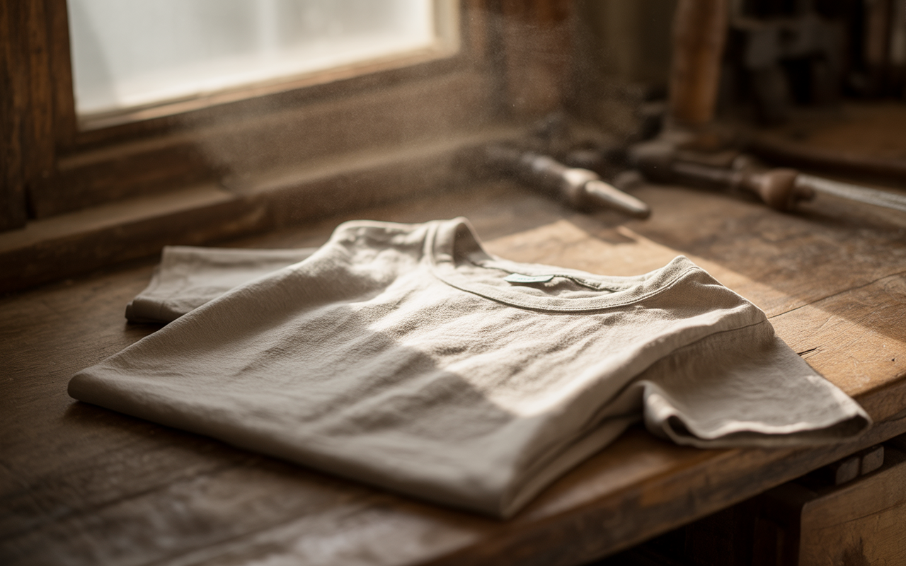 T-shirt beige soigneusement plié sur une table en bois, éclairé par la lumière douce d'une fenêtre. Poussière flottante en arrière-plan.