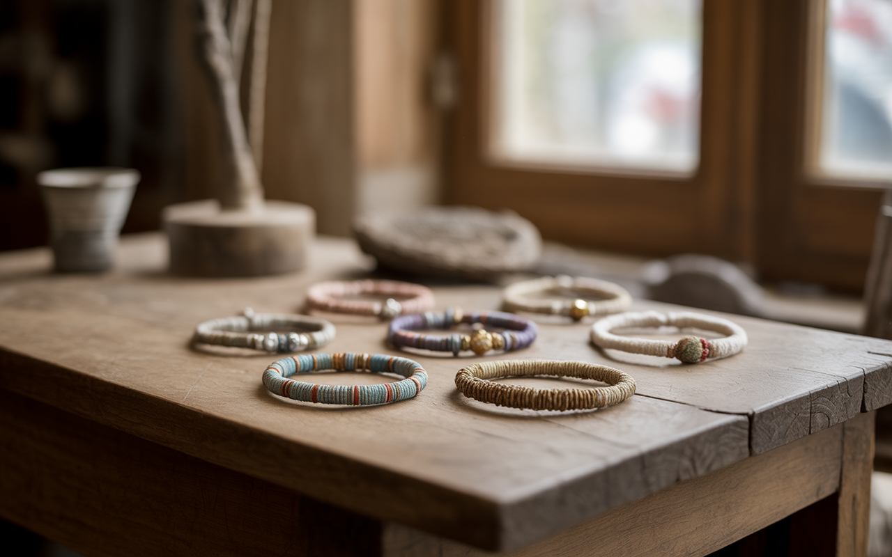 Bracelets colorés en tissu et perles disposés sur une table en bois, avec un fond flou de fenêtres et d'objets decoratifs.