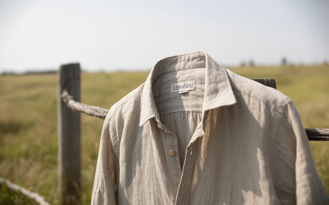 Chemise beige accrochée à une clôture en bois, avec un champ verdoyant flou en arrière-plan sous un ciel clair.