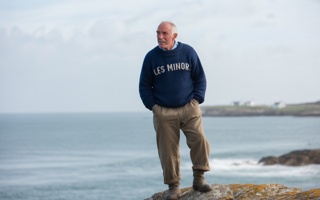 Homme âgé en pull bleu sur un rocher, face à l'océan, avec des maisons blanches au loin sous un ciel nuageux.