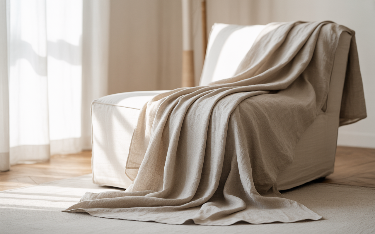 Un fauteuil recouvert d'un drap beige reposant sur un sol en bois, illuminé par la lumière naturelle.