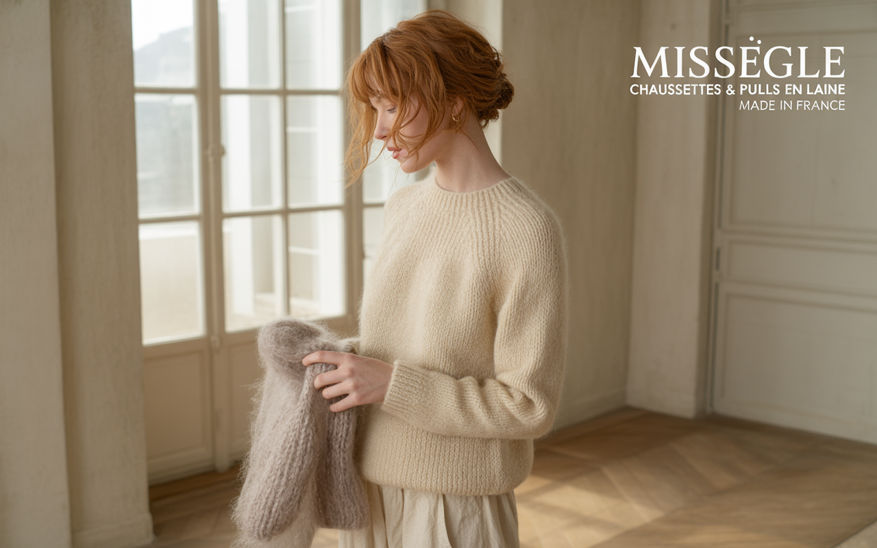 Une femme aux cheveux roux, vêtue d'un pull beige, tient un accessoire en laine dans un intérieur lumineux.