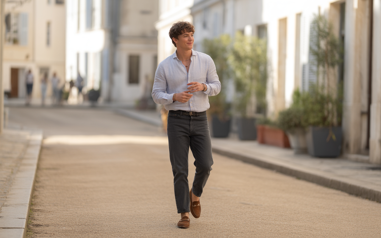 Homme marchant dans une rue paisible, portant une chemise claire, un pantalon sombre et des chaussures marron, avec des plantes en pot autour.
