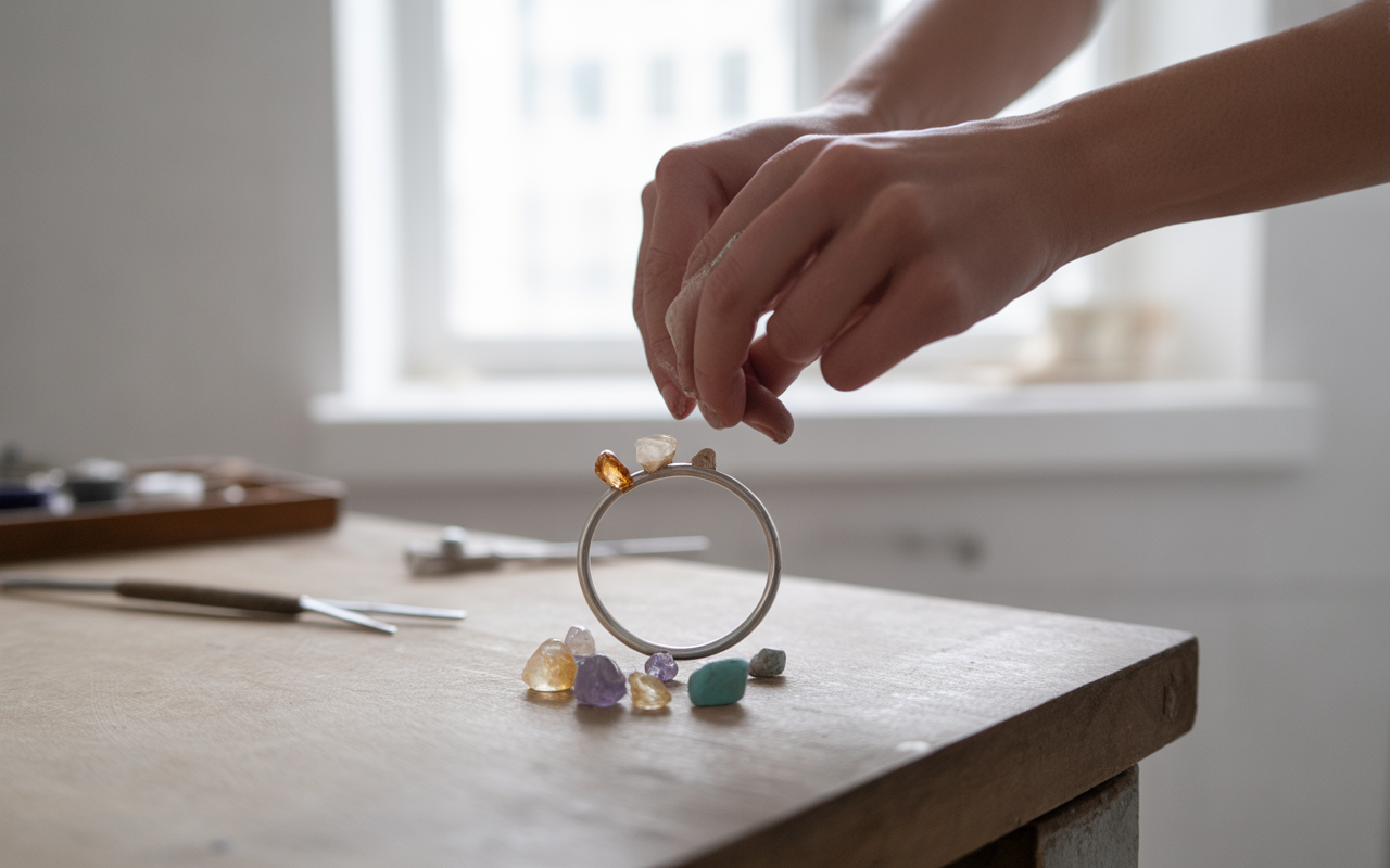 Une main manipule des pierres précieuses autour d'un anneau en métal sur une table en bois, avec une fenêtre en arrière-plan.
