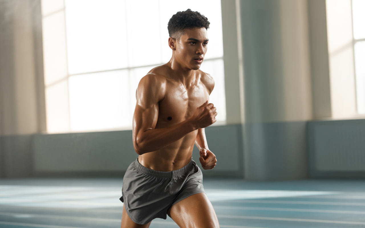 Un jeune homme musclé court sur une piste intérieure, en tenue légère, sous une lumière naturelle.