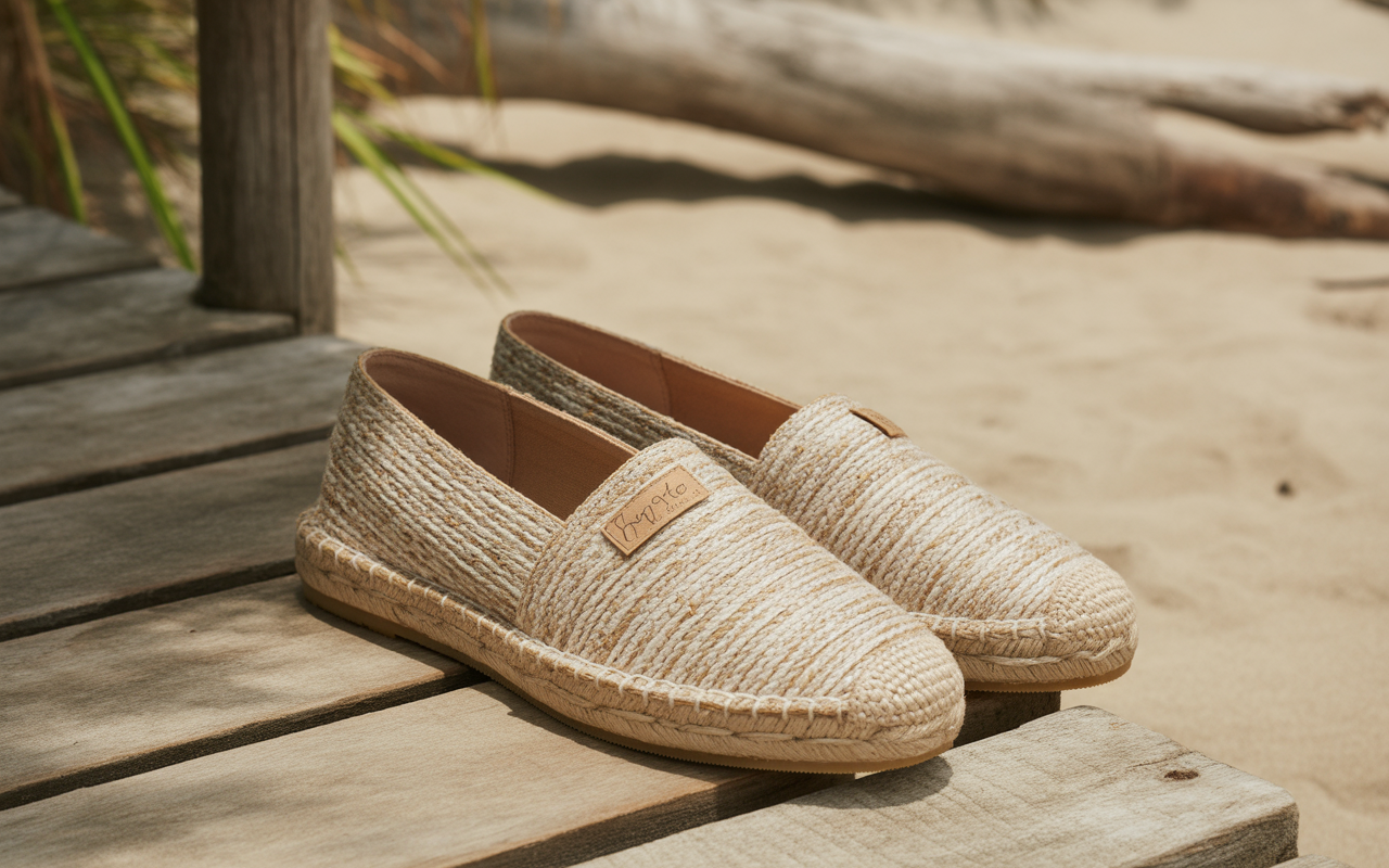 Chaussures espadrilles en jute posées sur une plateforme en bois, avec un fond de sable et de végétation.