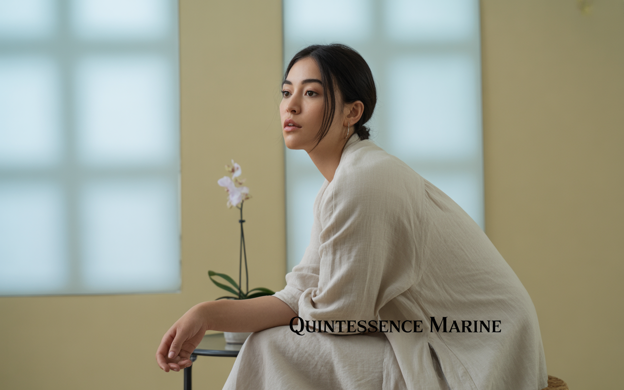 Femme contemplative en blouse beige, assise près d'une orchidée, dans un intérieur lumineux et minimaliste.
