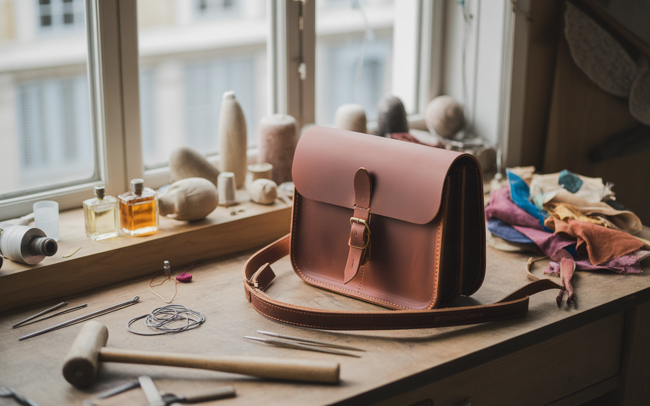 Un bagage en cuir marron sur un plan de travail avec des outils de couture, des fils et des objets artistiques.