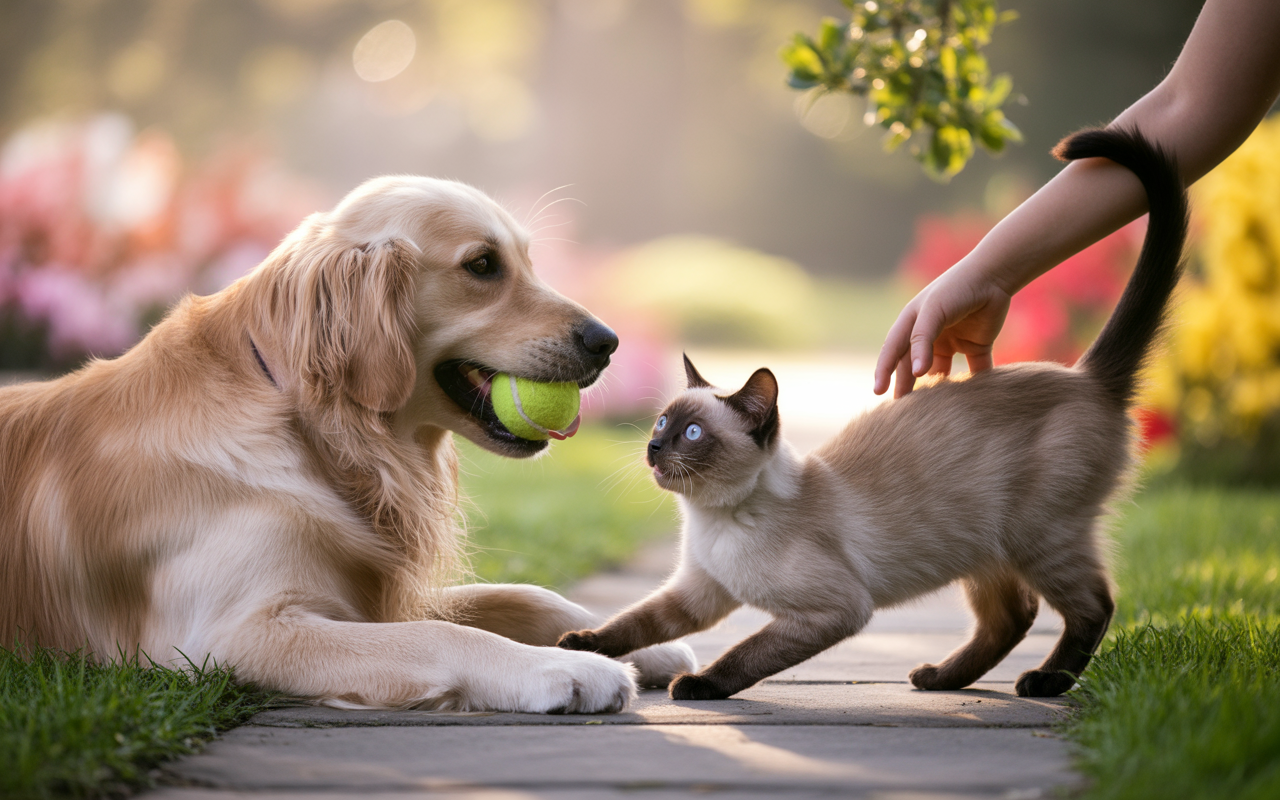 Un golden retriever joue avec une balle, tandis qu'un chat siamois s'approche curieusement, avec une main humaine en arrière-plan.