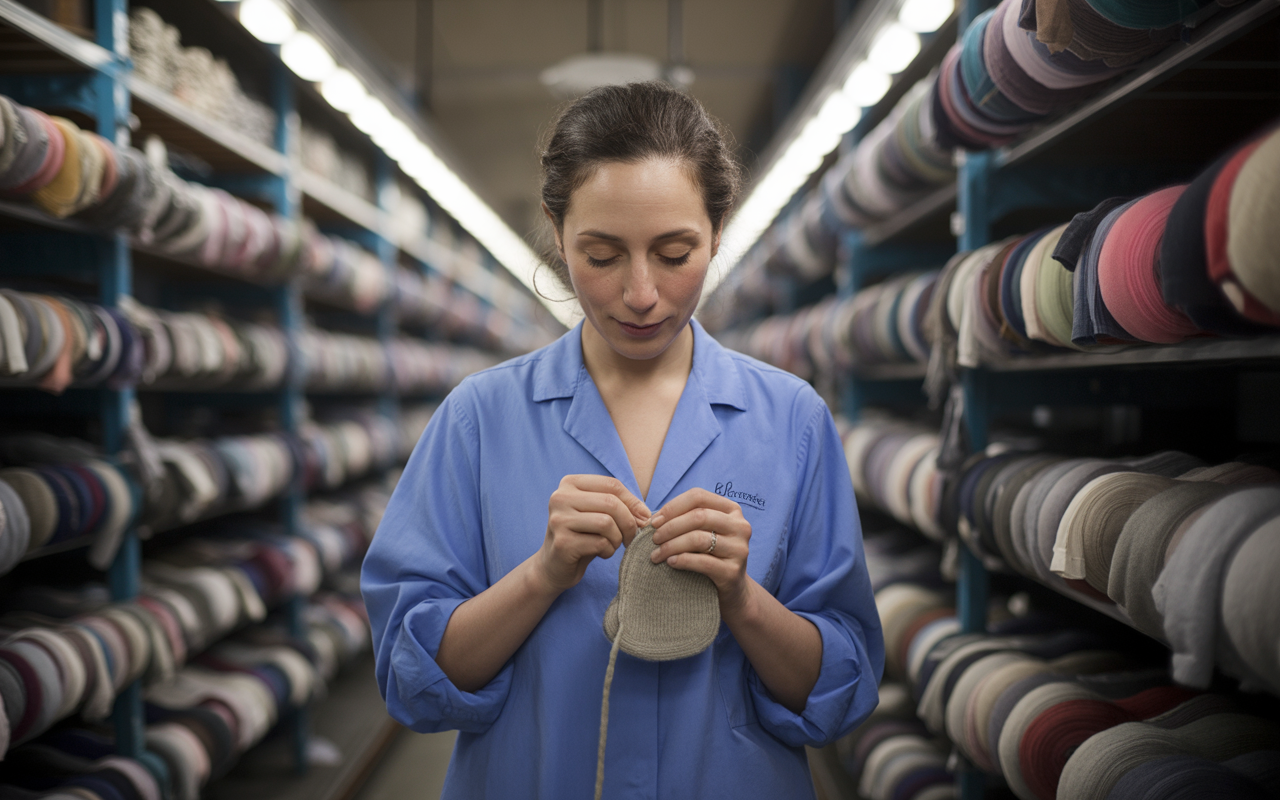 Femme en blouse bleue tricotant un objet dans une allée d'un entrepôt rempli de pelotes de laine colorées.