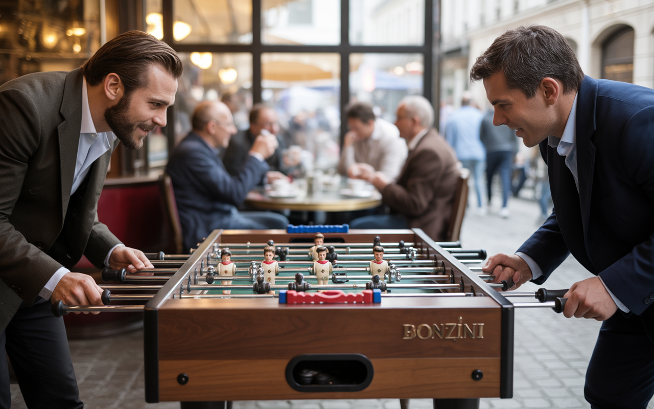 Deux hommes jouent au baby-foot dans un café. En arrière-plan, des personnes se rencontrent et prennent un café.