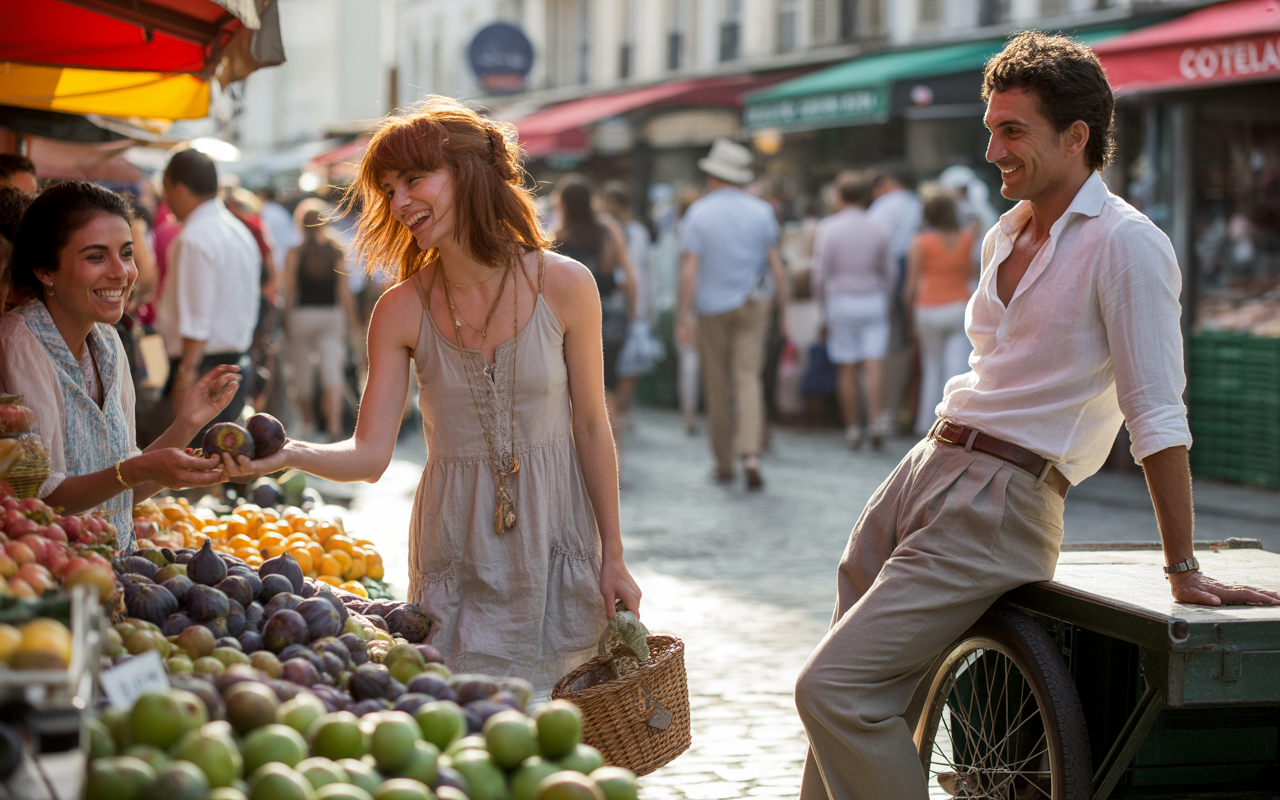 Deux femmes échangent joyeusement des fruits dans un marché animé, tandis qu'un homme souriant les observe. L'ambiance est ensoleillée et conviviale.