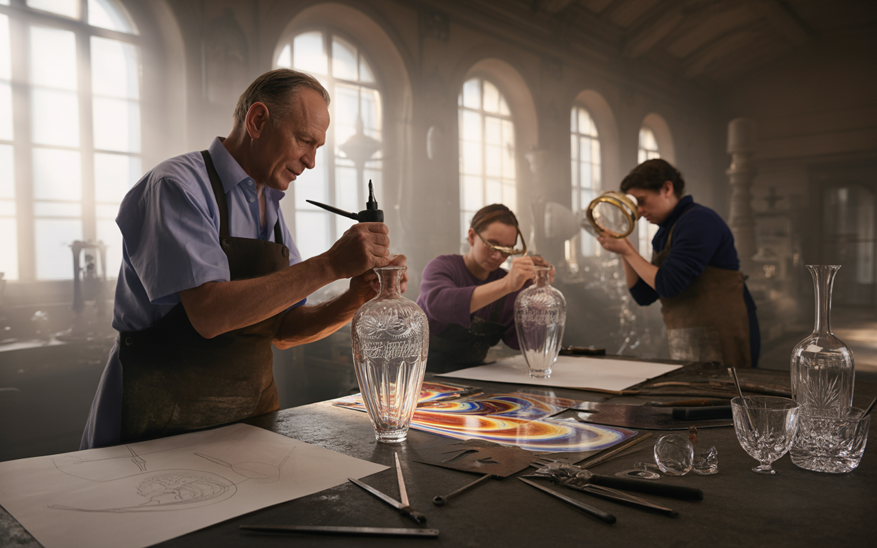 Artisans travaillant le cristal, concentrés sur leurs créations, entourés d'outils et de verre taillé dans un atelier lumineux.