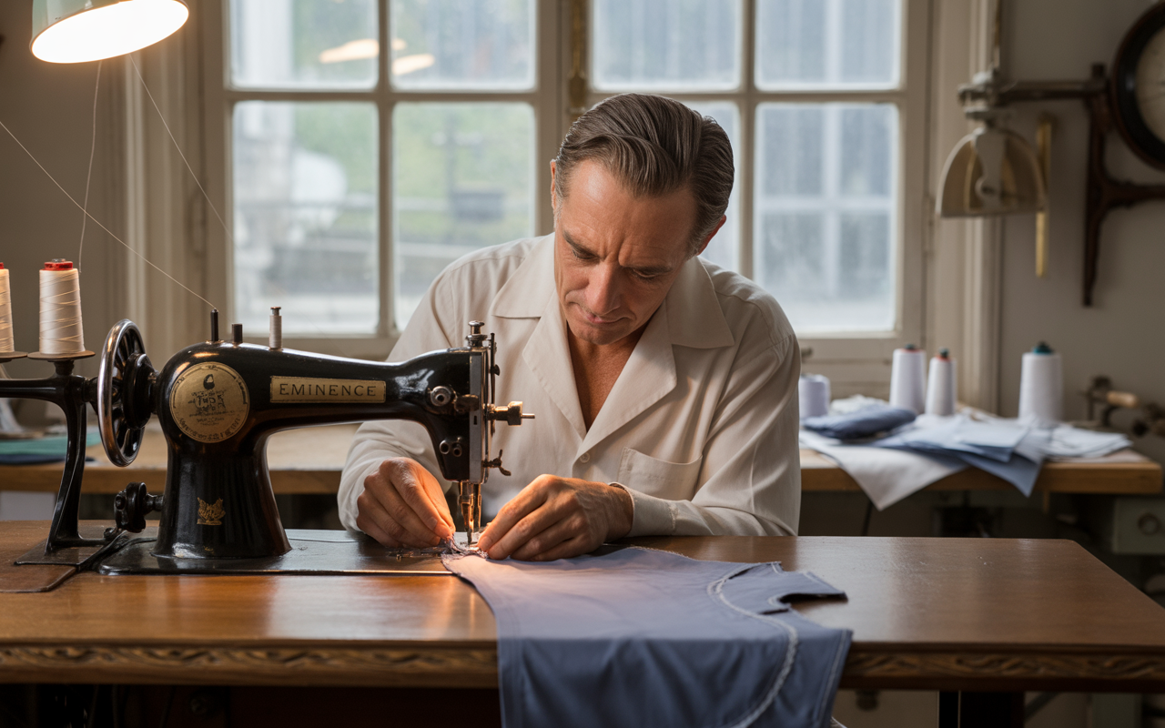 Un homme coud attentivement un vêtement sur une machine à coudre vintage, dans un atelier lumineux et chaleureux.