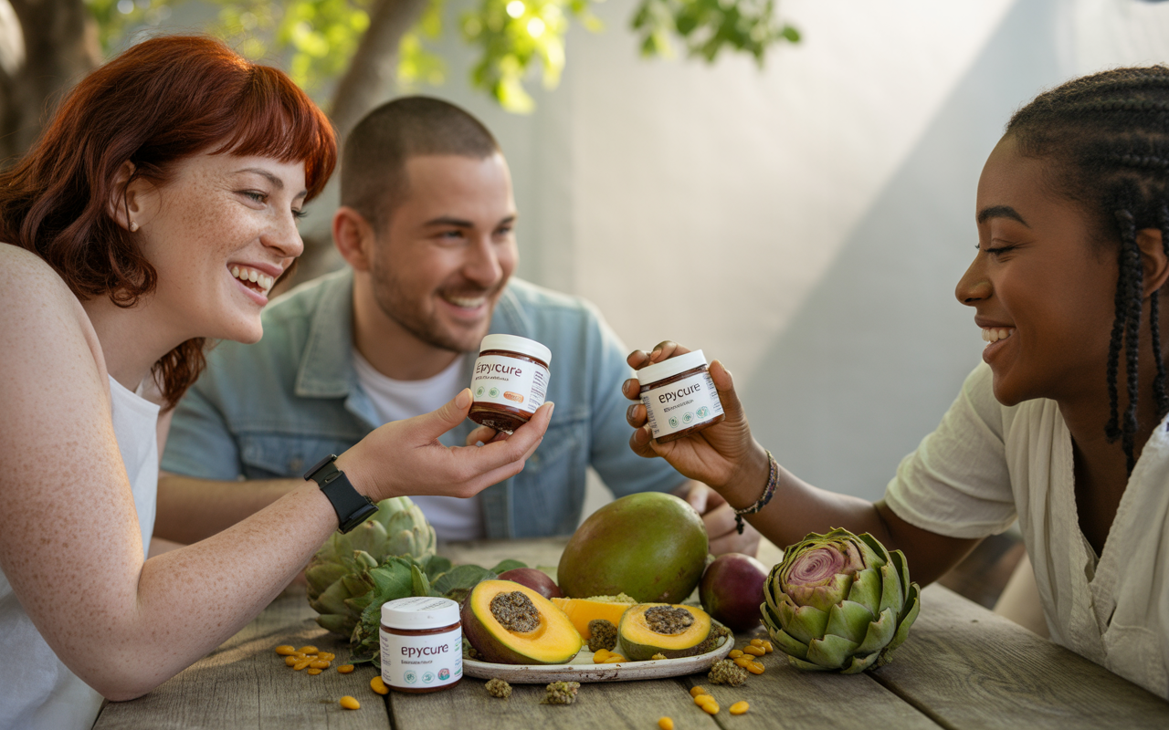 Trois amis souriants partagent des produits de soin naturels sur une table, entourés de fruits frais colorés.