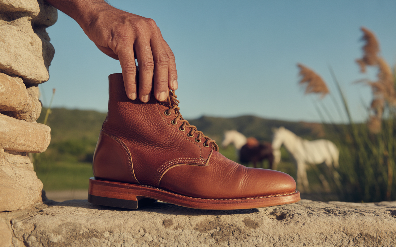 Bottines en cuir marron posées sur un muret, avec un homme touchant la chaussure et des chevaux en arrière-plan.
