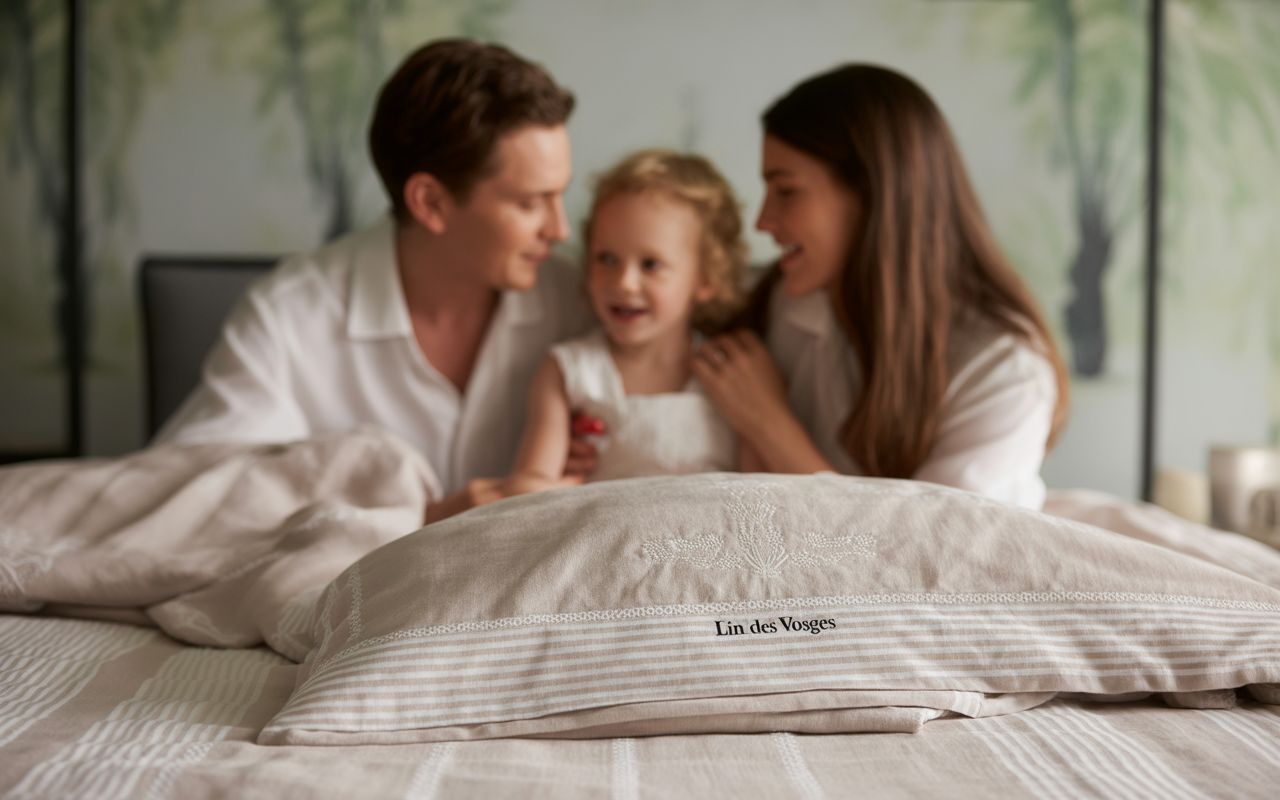 Famille souriante sur un lit avec des draps en lin. Une petite fille joue entre ses parents, une ambiance chaleureuse et intime.