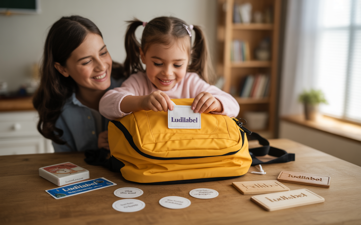 Une mère et sa fille s'amusent avec un sac jaune. La fille colle une étiquette "Ludilabel" sur le sac.