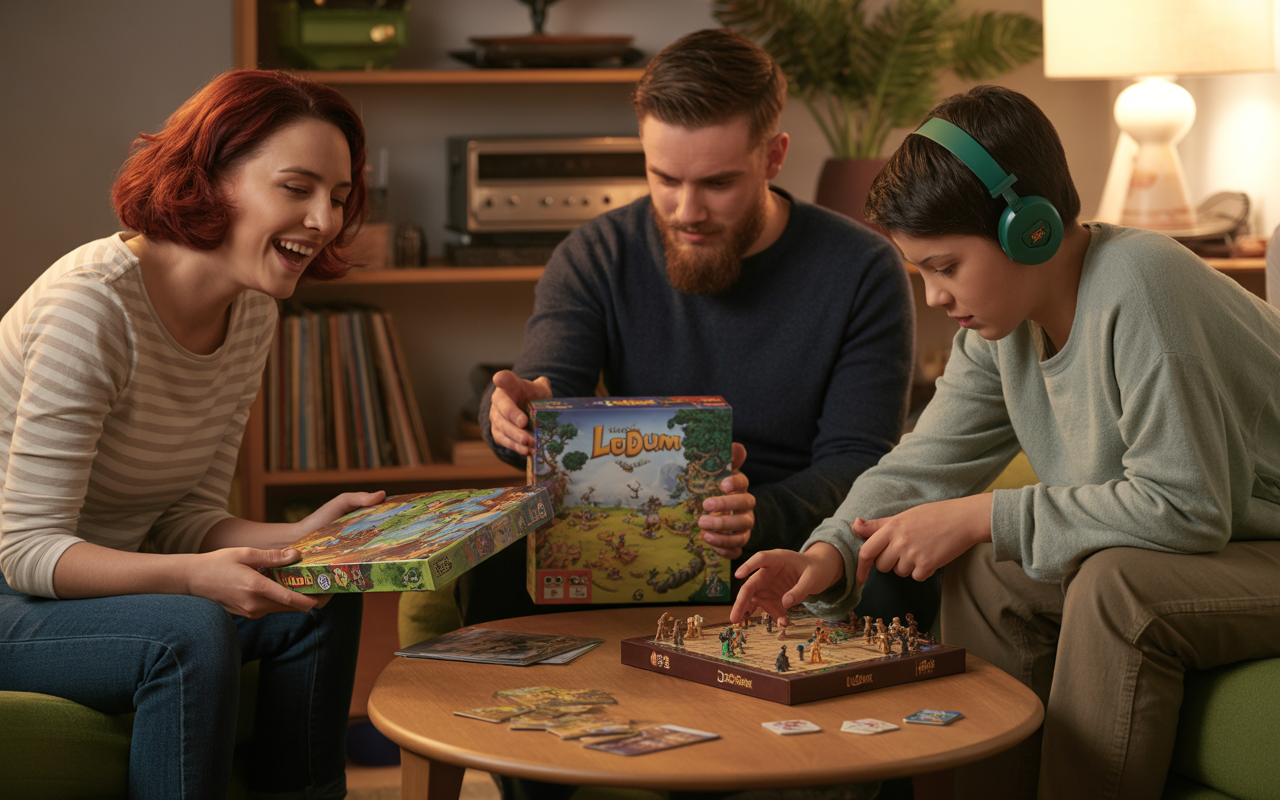 Trois personnes jouent à des jeux de société dans un salon, avec des jeux colorés sur la table et un décor chaleureux.