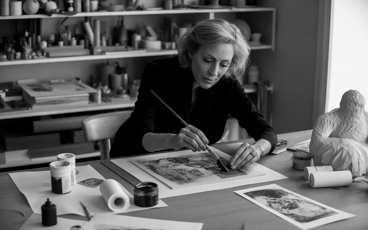 Une femme artiste travaille sur une illustration, entourée de fournitures d'art, dans un studio lumineux et créatif.
