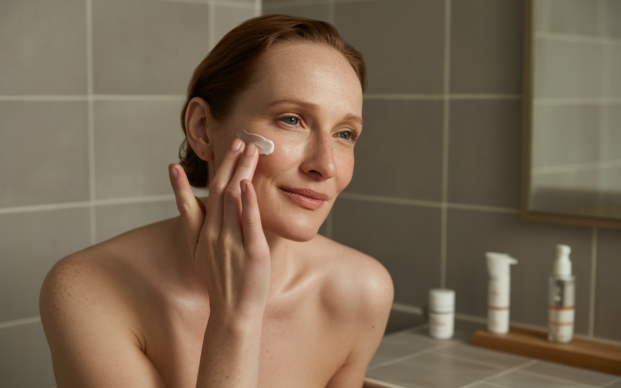 Femme appliquant une crème sur son visage dans une salle de bains moderne, avec des produits de soin visibles en arrière-plan.