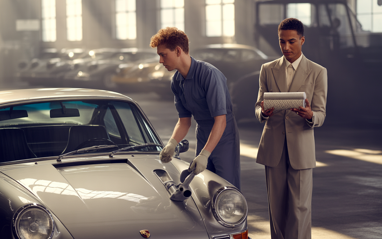 Un homme en salopette nettoie une voiture Porsche tandis qu'un autre, en costume, tient un objet emballé. Atelier lumineux en arrière-plan.