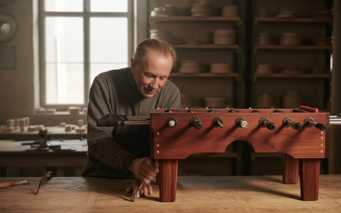 Artisan travaillant sur un baby-foot en bois dans un atelier, éclairé par la lumière naturelle. Outils de menuiserie en arrière-plan.