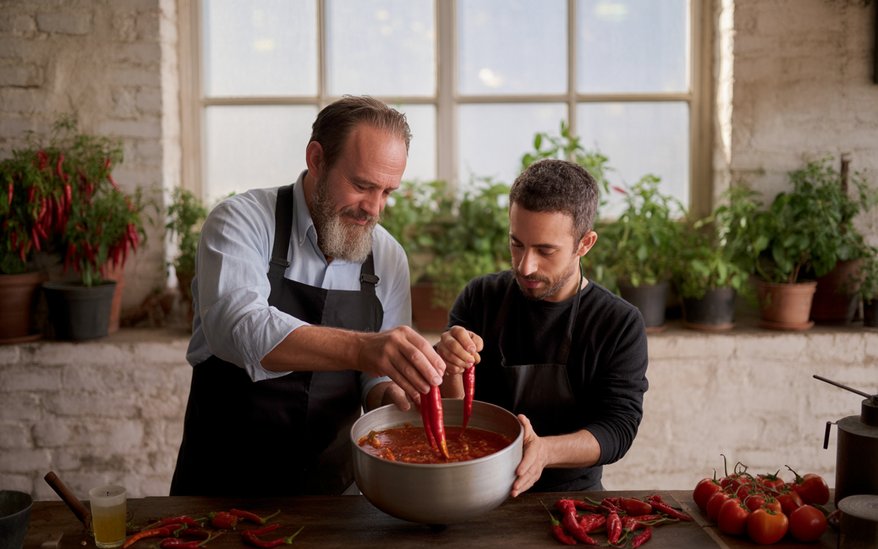 Deux hommes en cuisine ajoutent des piments rouges dans un grand bol contenant de la sauce, entourés de plantes et de tomates.