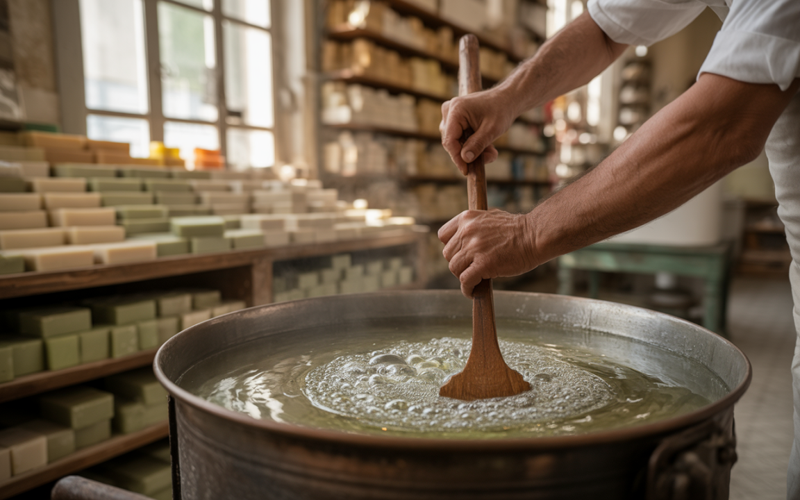 Un artisan mélange une préparation savonneuse dans un grand récipient en métal, entouré de barreaux de savon en arrière-plan.