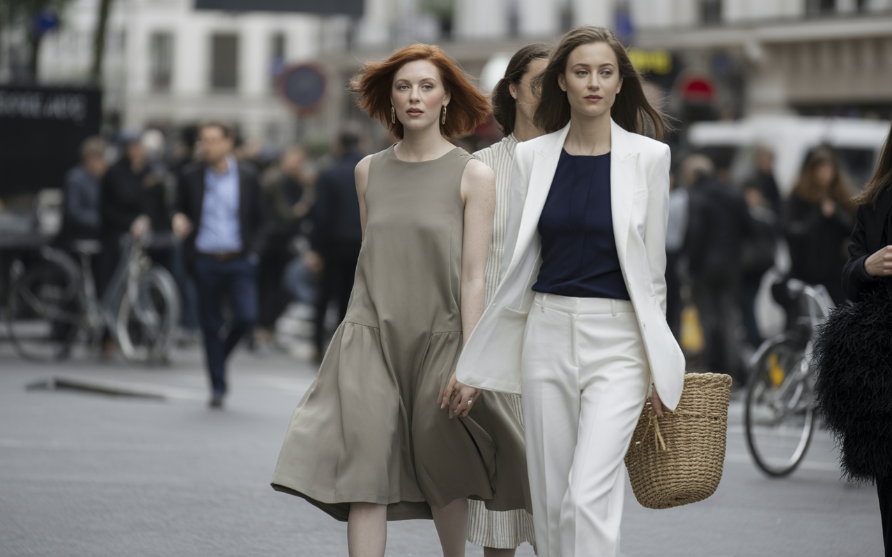 Trois femmes marchent dans une rue animée, portant des vêtements élégants. L'une d'elles tient un panier en osier.