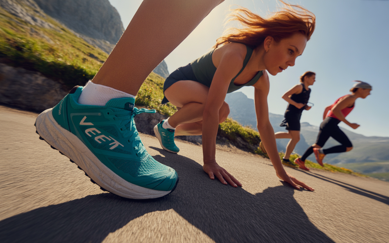 Quatre femmes en train de courir en plein air, avec de la verdure et des montagnes en arrière-plan. Une chaussure de course en premier plan.