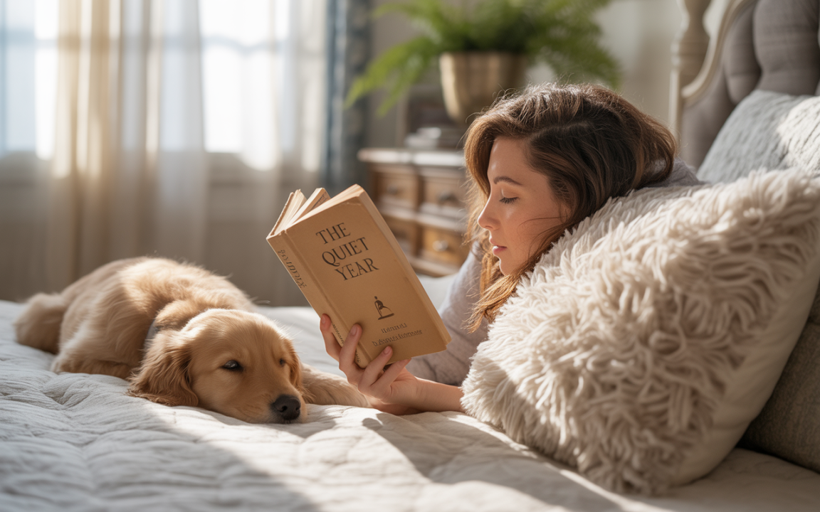 Une femme lit "The Quiet Year" sur son lit, tandis qu'un chien doré se repose à côté d'elle, dans une ambiance chaleureuse.